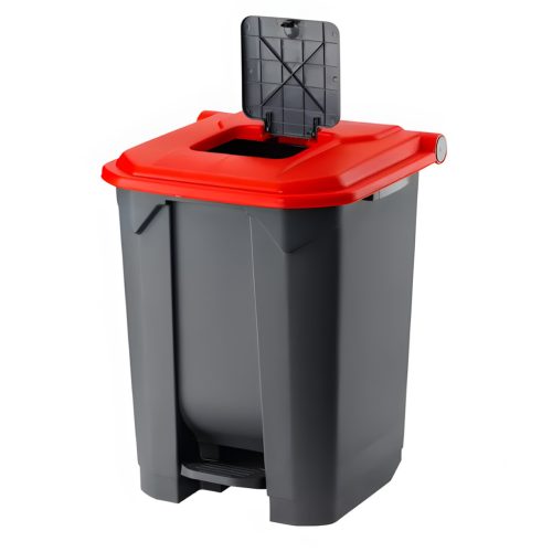 Planet Szelektív hulladékgyűjtő konténer, műanyag, pedálos, antracit, piros, 50L